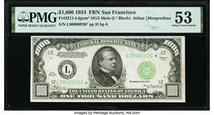 image for: Low Serial Number 926 Fr. 2211-L* $1,000 1934 Mule Federal Reserve Star Note. PMG About Uncirculated 53....