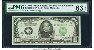 image for: Fr. 2212-E $1,000 1934A Federal Reserve Note. PMG Choice Uncirculated 63 EPQ....