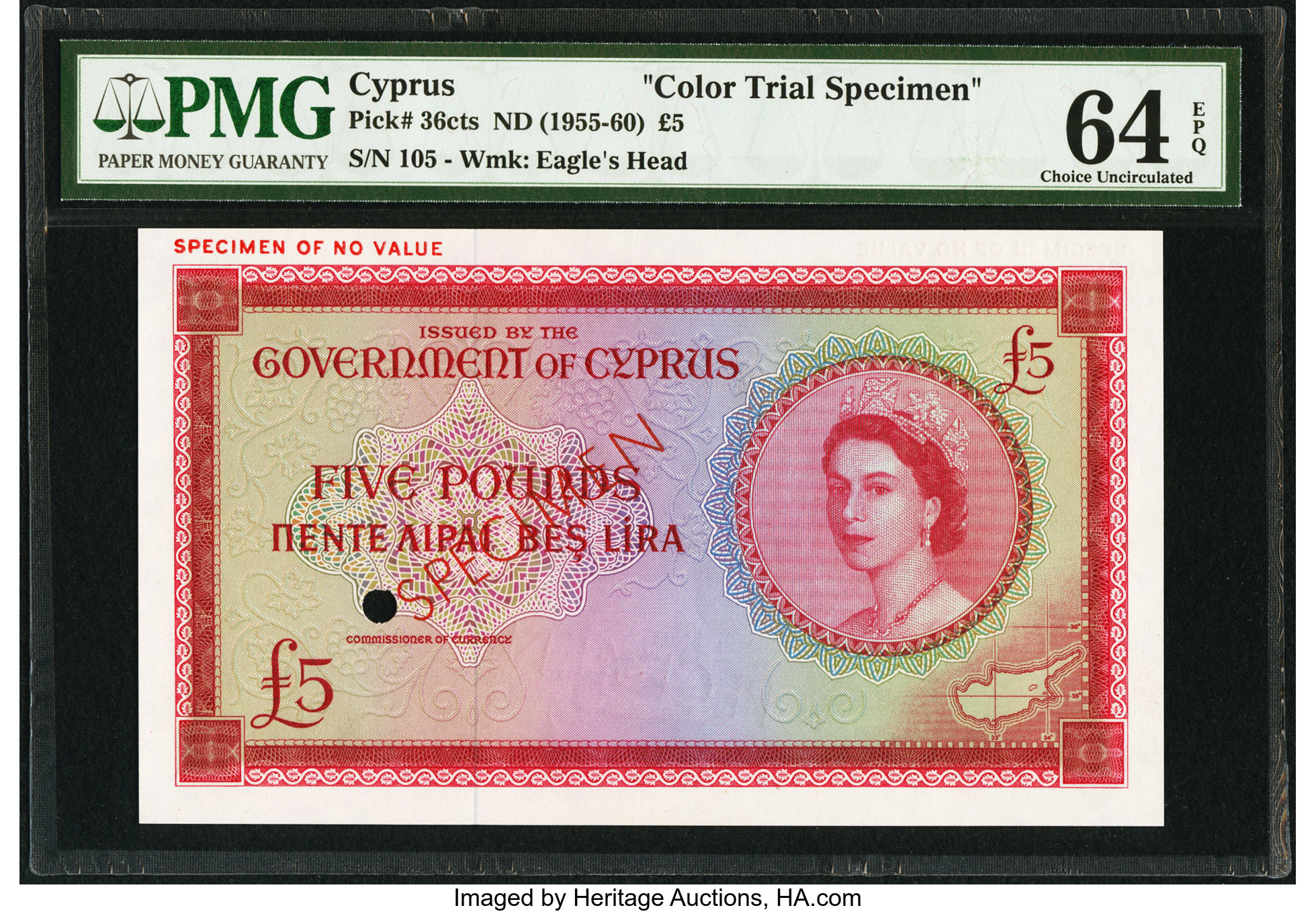 Government of Cyprus 5 pounds B136ds2,P36 Horizontal SPECIMEN perf 