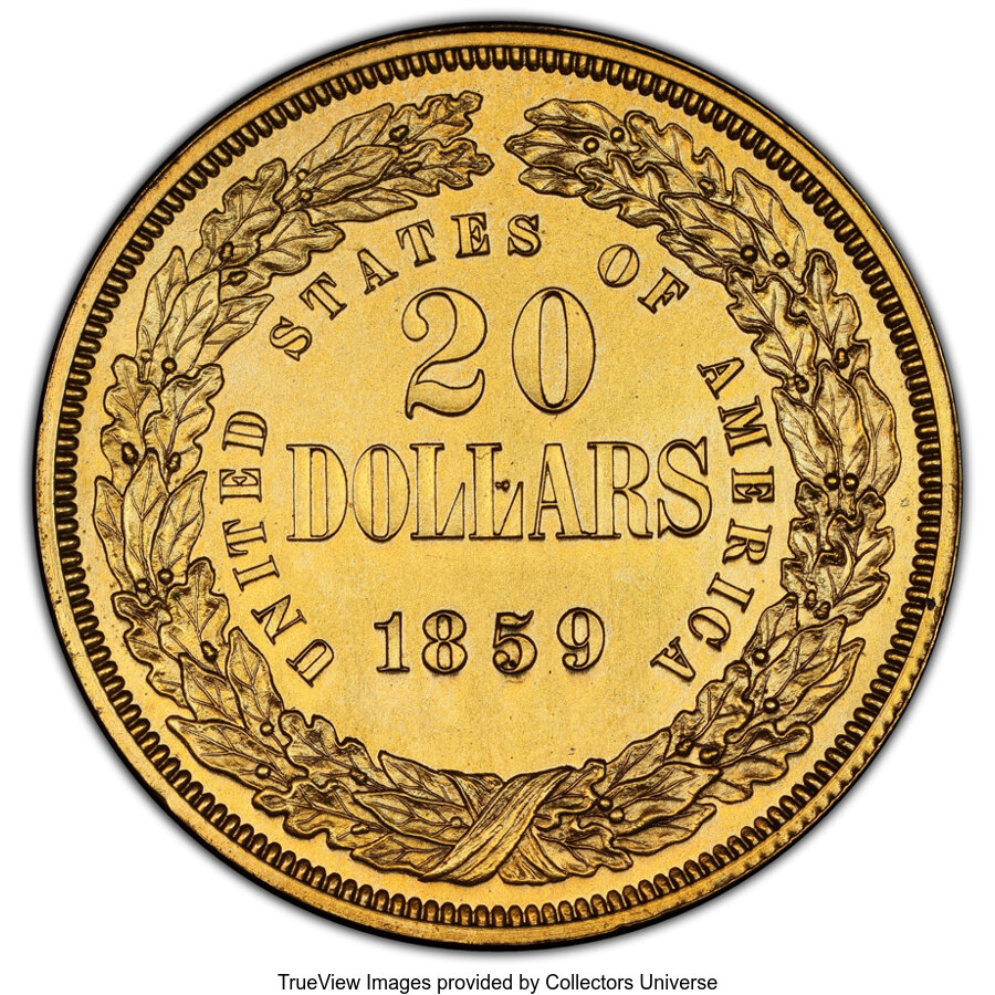 image for: 1859 $20 Twenty Dollar, Judd-257a, Pollock-305, Unique, Gilt, PR65 PCGS. CAC....