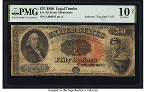 image for: Fr. 159 $50 1880 Legal Tender PMG Very Good 10 Net....