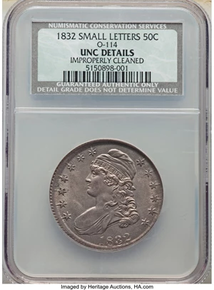 image for: 1832 50C Small Letters, O-114, R.4, -- Improperly Cleaned -- NCS. Unc Details. Mintage 4,797,000. ...