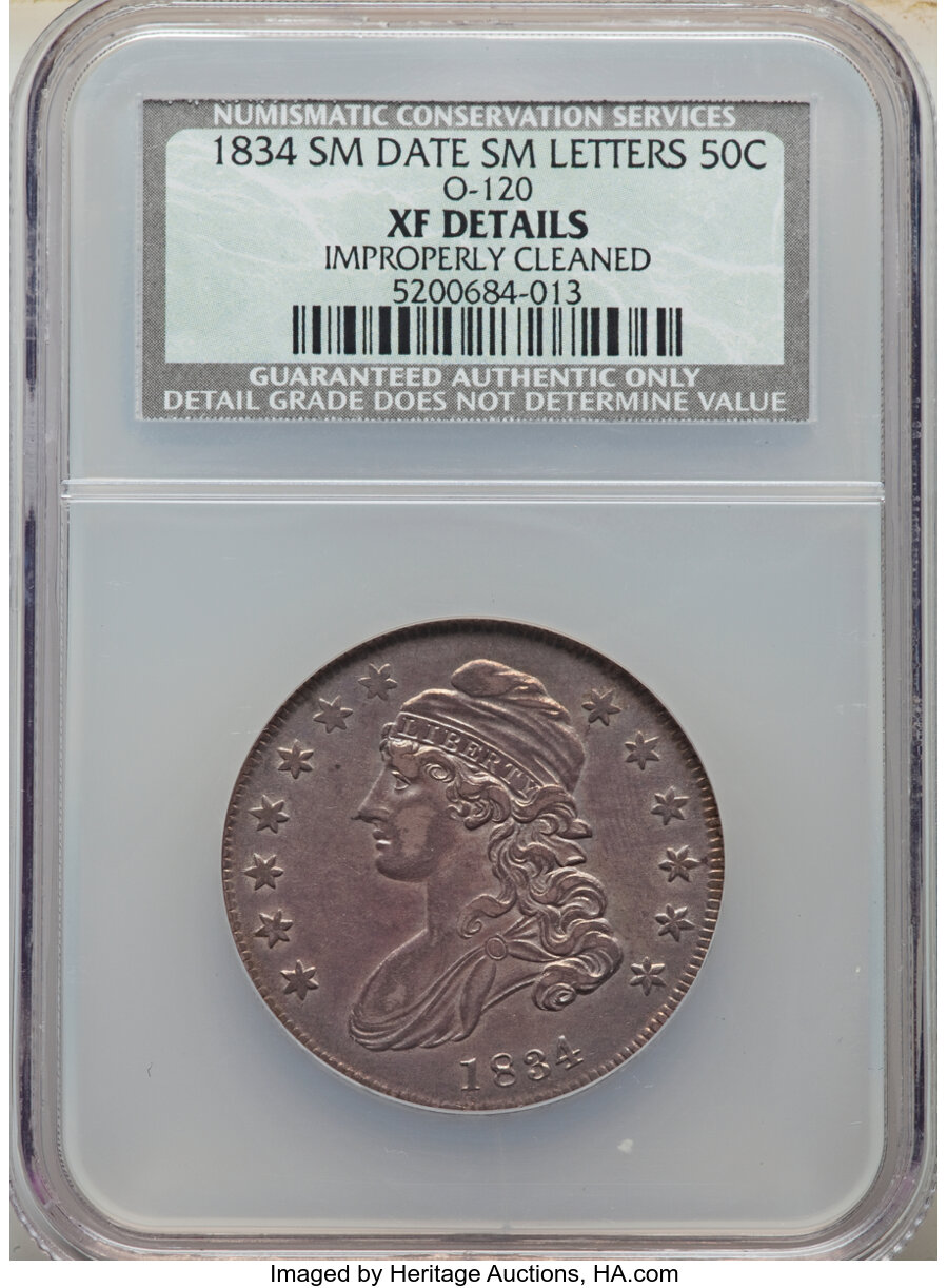 image for: 1834 50C Small Date, Small Letters, O-120, R.3, -- Improperly Cleaned -- NCS. XF Details.  ...