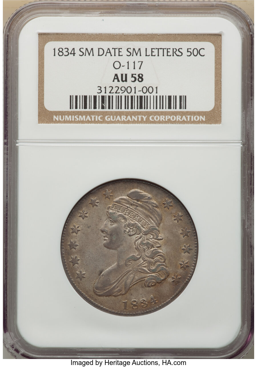 image for: 1834 50C Small Date, Small Letters, O-117, R.2, AU58 NGC. NGC Census: (5/4). PCGS Population: (0/3). CDN: $620 Whsle. Bid f...