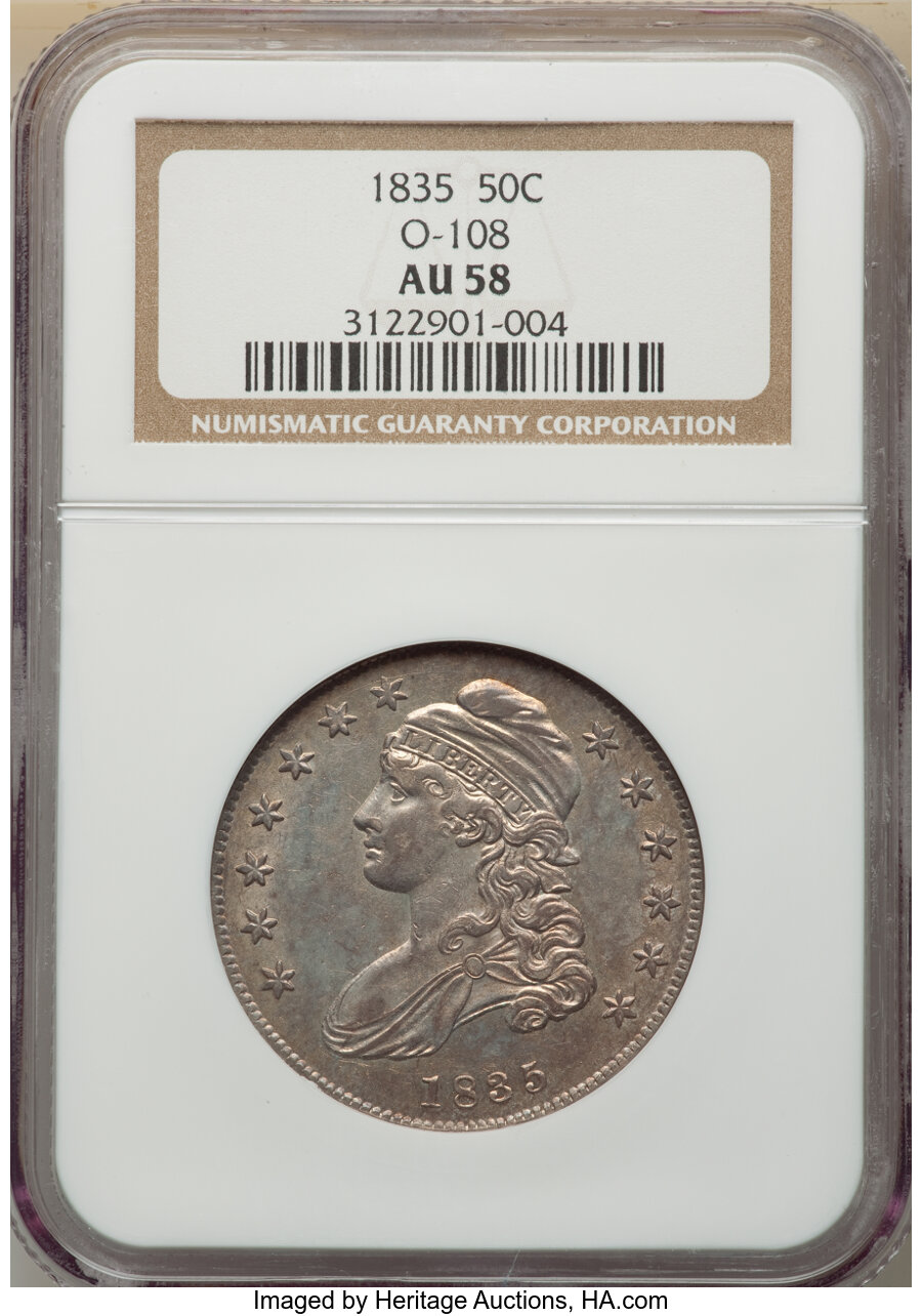 image for: 1835 50C O-108, R.3, AU58 NGC. NGC Census: (3/5). PCGS Population: (3/3). CDN: $682 Whsle. Bid for NGC/PCGS AU58. Mintage 5...