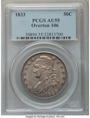 image for: 1833 50C O-106, R.2, AU55 PCGS. PCGS Population: (5/6). NGC Census: (5/15). CDN: $375 Whsle. Bid for NGC/PCGS AU55. Mintage...