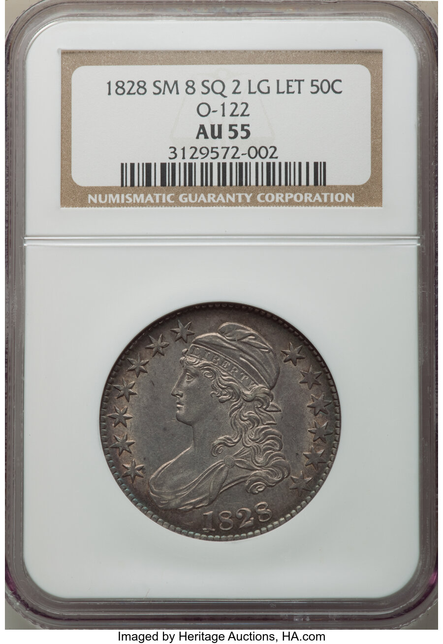 image for: 1828 50C Square Base 2, Small 8s, Large Letters, O-122, R.3, AU55 NGC. NGC Census: (2/6). PCGS Population: (1/3). CDN: $467...