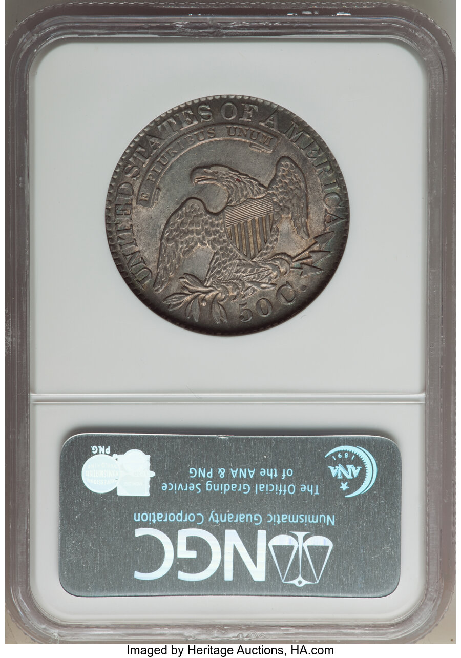 image for: 1828 50C Square Base 2, Small 8s, Large Letters, O-122, R.3, AU55 NGC. NGC Census: (2/6). PCGS Population: (1/3). CDN: $467...