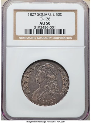image for: 1827 50C Square Base 2, O-126, R.3, AU50 NGC. NGC Census: (1/6). PCGS Population: (0/8). CDN: $302.50.Whsle. Bid for NGC/PC...