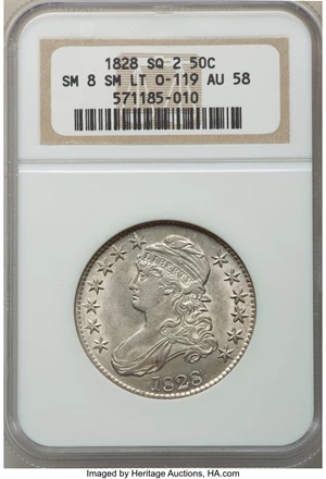 image for: 1828 50C Square Base 2, Small 8s, Small Letters, O-119, R.3, AU58 NGC. NGC Census: (6/1). PCGS Population: (4/4). CDN: $1,8...