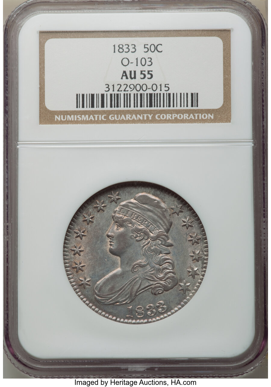 image for: 1833 50C O-103, R.2, AU55 NGC. NGC Census: (6/7). PCGS Population: (5/3). CDN: $375 Whsle. Bid for NGC/PCGS AU55. Mintage 5...