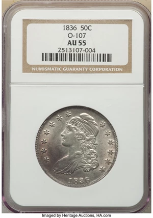 image for: 1836 50C Lettered Edge, O-107, High R.4, AU55 NGC. NGC Census: (5/2). PCGS Population: (4/2). CDN: $450 Whsle. Bid for NGC/...