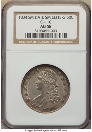 image for: 1834 50C Small Date, Small Letters, O-110, Low R.4, AU58 NGC. NGC Census: (7/5). PCGS Population: (3/1). CDN: $744 Whsle. B...