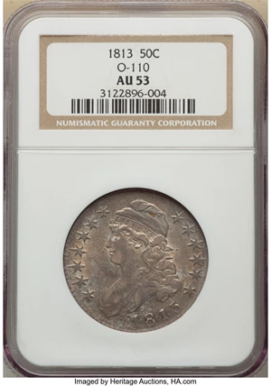 image for: 1813 50C O-110, R.3, AU53 NGC. NGC Census: (2/5). PCGS Population: (4/6). CDN: $987 Whsle. Bid for NGC/PCGS AU53. Mintage 1...