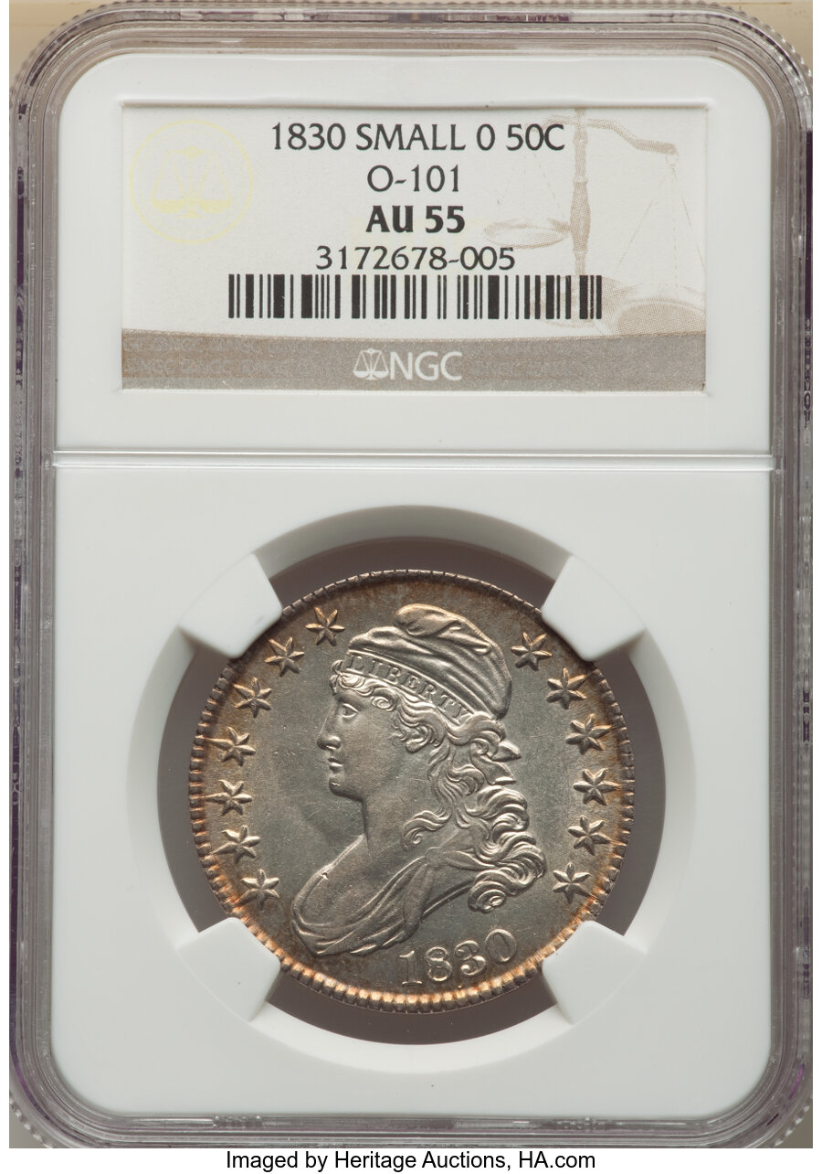 image for: 1830 50C Small 0, O-101, R.1, AU55 NGC. NGC Census: (6/22). PCGS Population: (6/5). CDN: $375 Whsle. Bid for NGC/PCGS AU55....