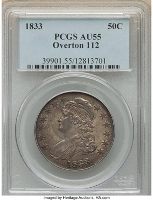 image for: 1833 50C O-112, R.2, AU55 PCGS. PCGS Population: (5/5). NGC Census: (5/12). CDN: $375 Whsle. Bid for NGC/PCGS AU55. Mintage...