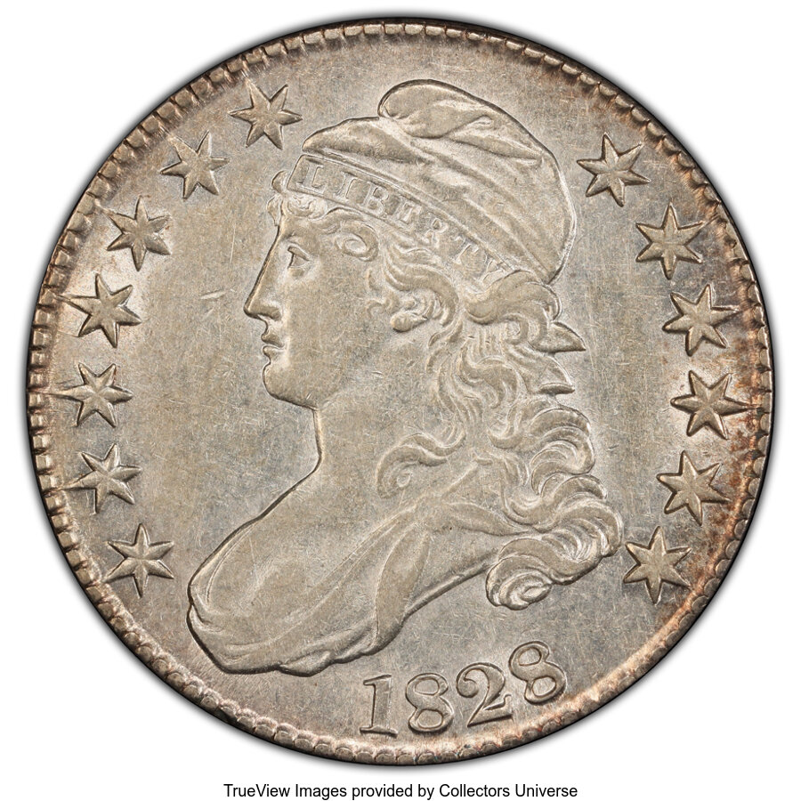 image for: 1828 50C Square Base 2, Small 8s, Large Letters, O-113, R.3, AU50 PCGS. PCGS Population: (1/7 and 0/1+). NGC Census: (1/14 ...