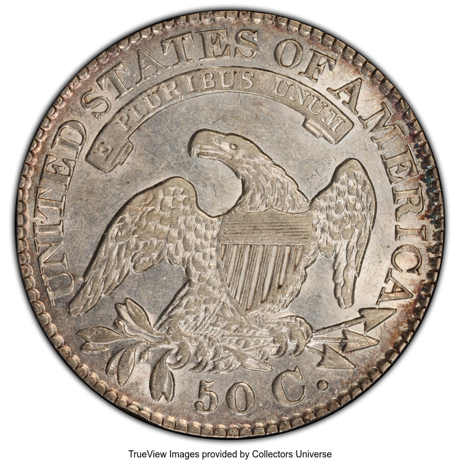 image for: 1828 50C Square Base 2, Small 8s, Large Letters, O-113, R.3, AU50 PCGS. PCGS Population: (1/7 and 0/1+). NGC Census: (1/14 ...