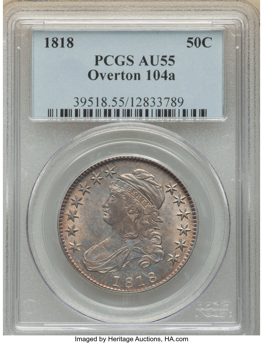 image for: 1818 50C O-104a, R.3, AU55 PCGS. PCGS Population: (4/5). NGC Census: (1/4). CDN: $1,102.50.Whsle. Bid for NGC/PCGS AU55. Mi...