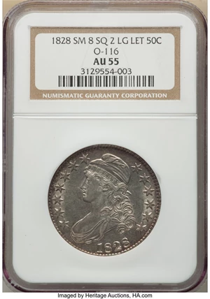 image for: 1828 50C Square Base 2, Small 8s, Large Letters, O-116, R.2, AU55 NGC. NGC Census: (6/5). PCGS Population: (3/7). CDN: $425...