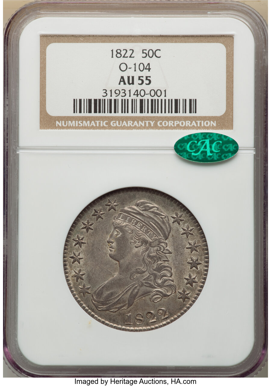 image for: 1822 50C O-104, R.2, AU55 NGC. CAC. NGC Census: (3/7). PCGS Population: (4/1). CDN: $600 Whsle. Bid for NGC/PCGS AU55. ...
