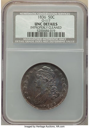 image for: 1836 50C Lettered Edge, O-117, R.3, -- Improperly Cleaned -- NCS. Unc Details. Mintage 6,545,000. ...
