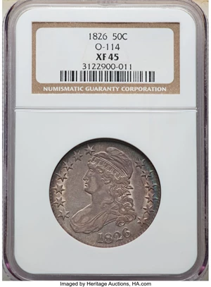 image for: 1826 50C O-114, R.4, XF45 NGC. NGC Census: (2/7). PCGS Population: (2/8). CDN: $228 Whsle. Bid for NGC/PCGS XF45. Mintage 4...