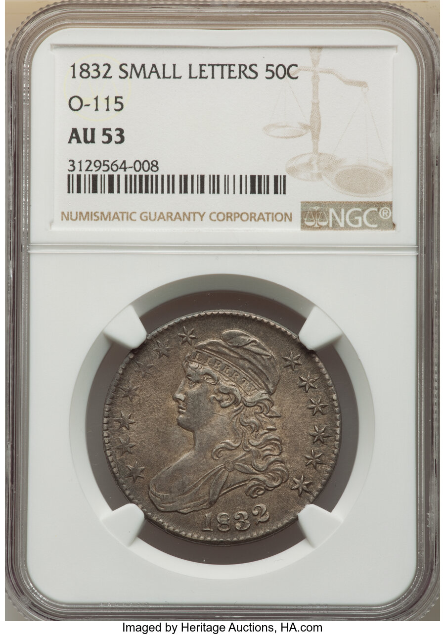 image for: 1832 50C Small Letters, O-115, R.1, AU53 NGC. NGC Census: (8/21). PCGS Population: (3/13). CDN: $275 Whsle. Bid for NGC/PCG...