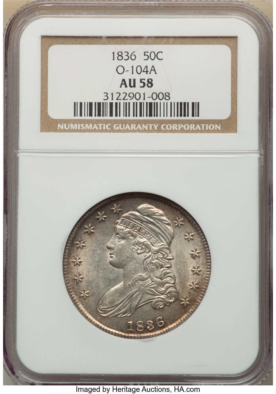 image for: 1836 50C Lettered Edge, O-104a, R.3, AU58 NGC. NGC Census: (3/2). PCGS Population: (3/2). CDN: $682 Whsle. Bid for NGC/PCGS...