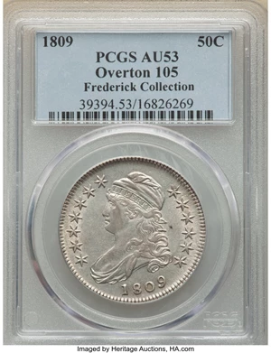 image for: 1809 50C Normal Edge, O-105, R.2, AU53 PCGS. Ex: Frederick Collection. PCGS Population: (3/5). NGC Census: (2/4). CDN: $960...