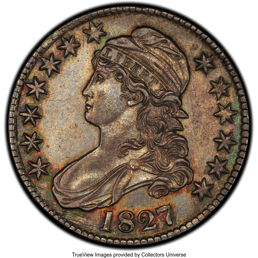 image for: 1827 50C Square Base 2, O-120a, R.2, AU55 PCGS. Ex: Link. PCGS Population: (8/8 and 0/1+). NGC Census: (6/12 and 0/0+). CDN...