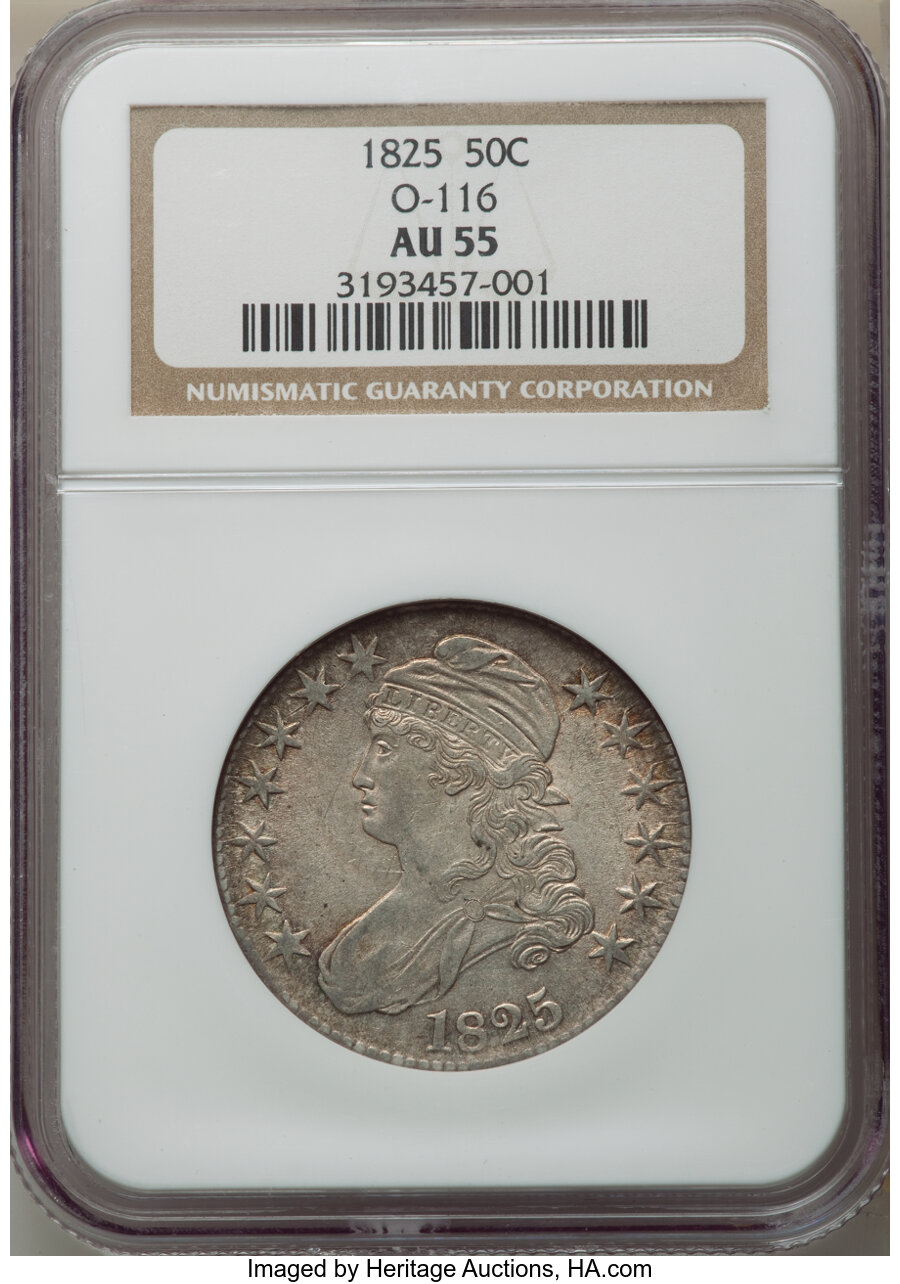 image for: 1825 50C O-116, R.2, AU55 NGC. NGC Census: (3/8). PCGS Population: (1/5). CDN: $375 Whsle. Bid for NGC/PCGS AU55. Mintage 2...
