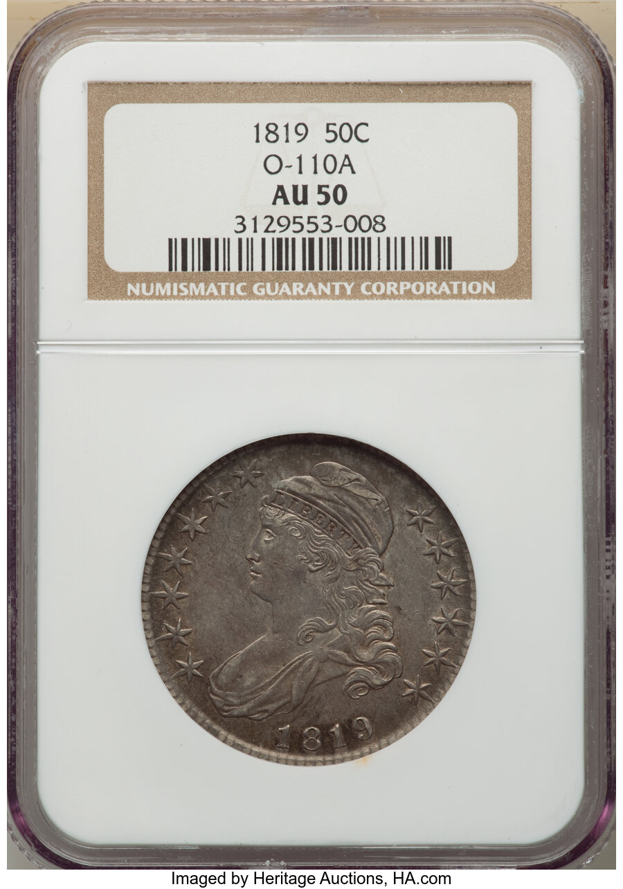 image for: 1819 50C O-110a, R.3, AU50 NGC. NGC Census: (2/9). PCGS Population: (1/6). CDN: $525 Whsle. Bid for NGC/PCGS AU50. ...
