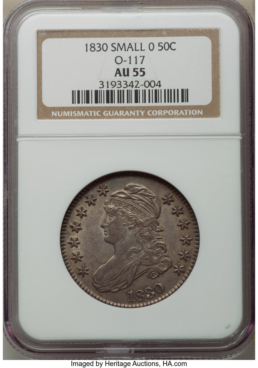 image for: 1830 50C Small 0, O-117, R.2, AU55 NGC. NGC Census: (6/11). PCGS Population: (4/4). CDN: $375 Whsle. Bid for NGC/PCGS AU55....