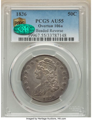 image for: 1836 50C Beaded Reverse, O-106a, R.2, AU55 PCGS. CAC. PCGS Population: (4/9 and 0/1+). NGC Census: (2/5 and 0/0+). CDN: $37...