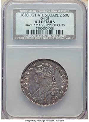 image for: 1820 50C Square Base 2, Large Date, No Knob, O-108, R.2, -- Obverse Damage, Improperly Cleaned -- NCS. AU Details....