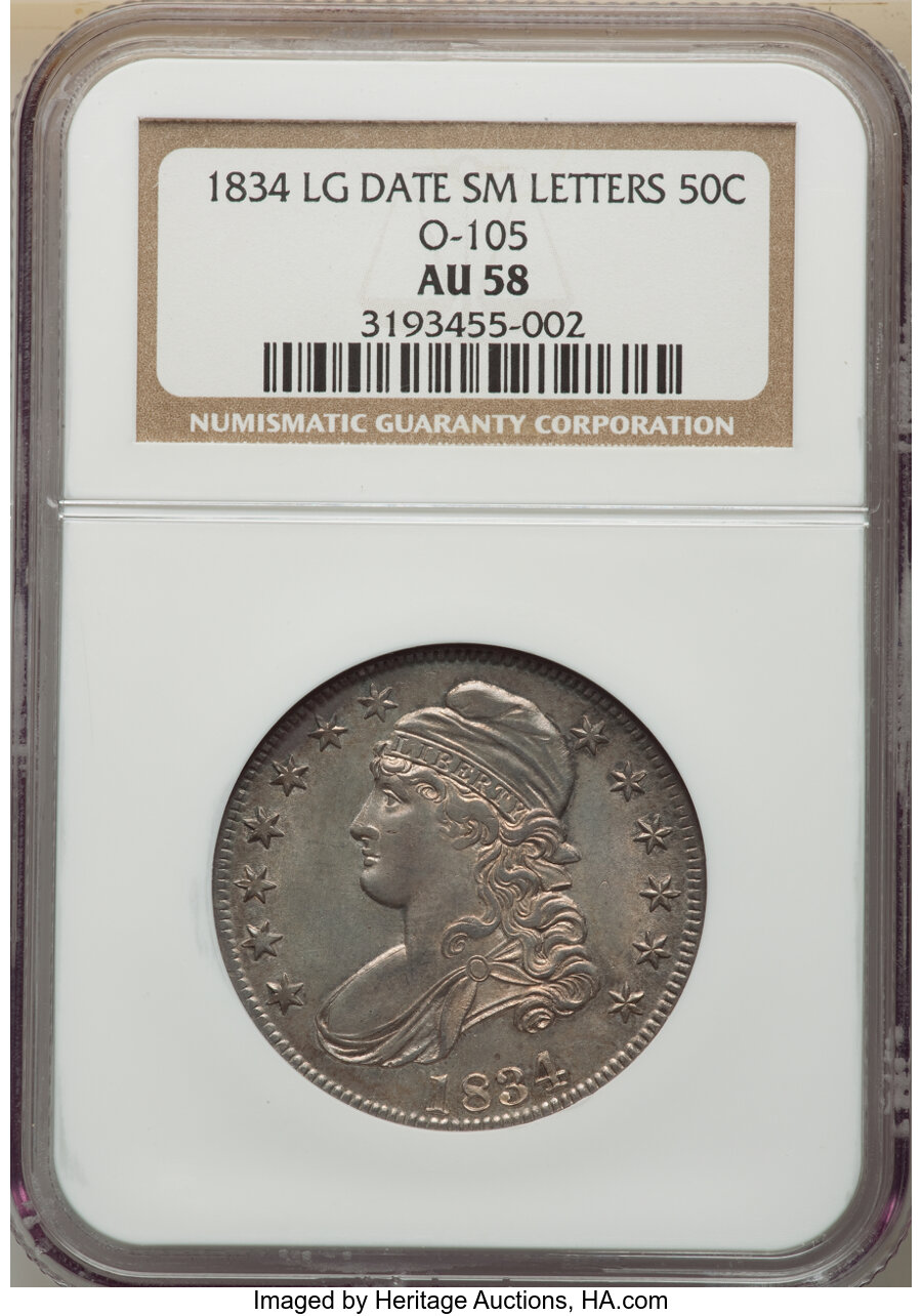 image for: 1834 50C Large Date, Small Letters, O-105, R.1, AU58 NGC. NGC Census: (12/8). PCGS Population: (5/3). CDN: $620 Whsle. Bid ...