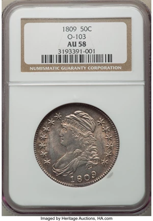 image for: 1809 50C Normal Edge, O-103, R.2, AU58 NGC. NGC Census: (2/9). PCGS Population: (6/2). CDN: $1,750 Whsle. Bid for NGC/PCGS ...