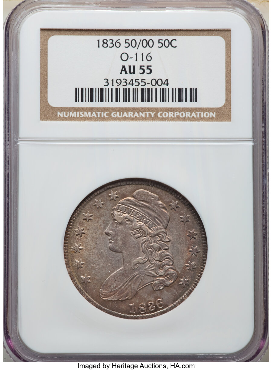 image for: 1836 50C 50/00, Lettered Edge, O-116, R.2, AU55 NGC. NGC Census: (7/16). PCGS Population: (3/5). CDN: $1,350 Whsle. Bid for...
