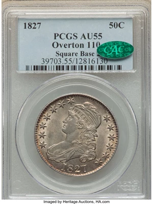 image for: 1827 50C Square Base 2, O-110, Low R.4, AU55 PCGS. CAC. PCGS Population: (3/4). NGC Census: (3/5). CDN: $456 Whsle. Bid for...