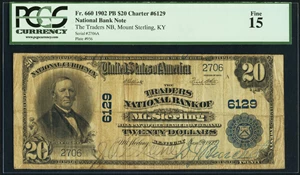 image for: Mount Sterling, KY - $20 1902 Plain Back Fr. 660 The Traders National Bank Ch. # 6129 PCGS Fine 15....