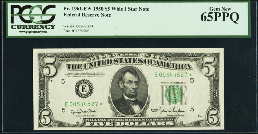 image for: Fr. 1961-E* $5 1950 Wide I Federal Reserve Star Note. PCGS Gem New 65PPQ....