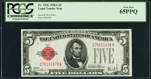 image for: Fr. 1526 $5 1928A Legal Tender Note. PCGS Gem New 65PPQ....