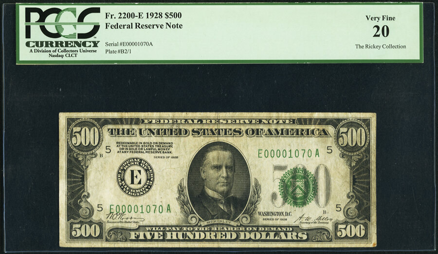 image for: Low Serial Number 1070 Fr. 2200-E $500 1928 Federal Reserve Note. PCGS Very Fine 20....