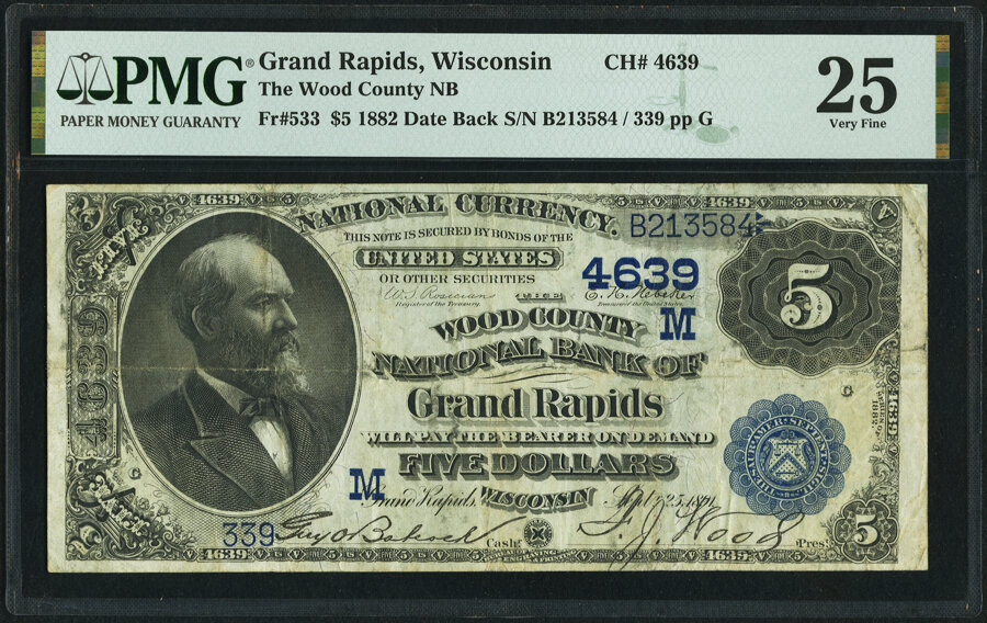 image for: Grand Rapids, WI - $5 1882 Date Back Fr. 533 The Wood County National Bank Ch. # (M)4639 PMG Very Fine 25....