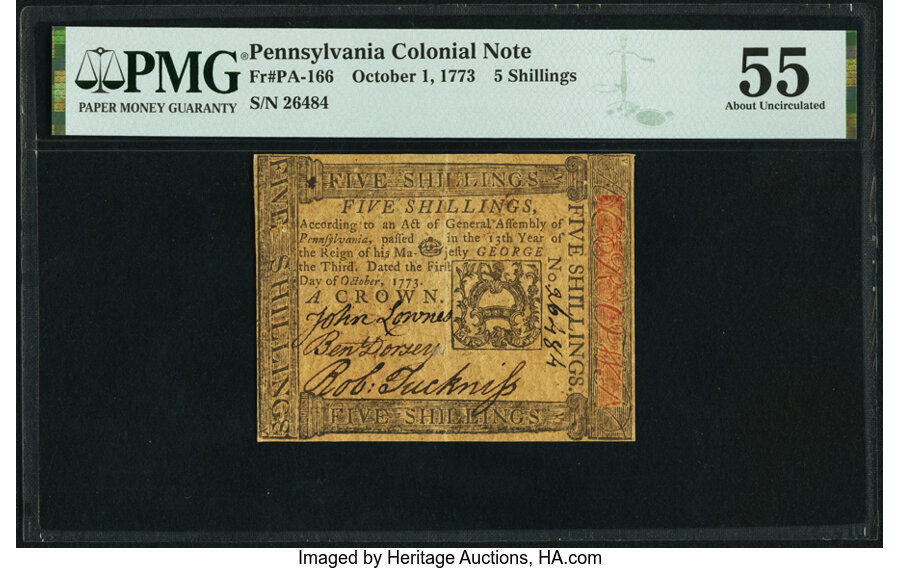 image for: Pennsylvania October 1, 1773 5s PMG About Uncirculated 55....