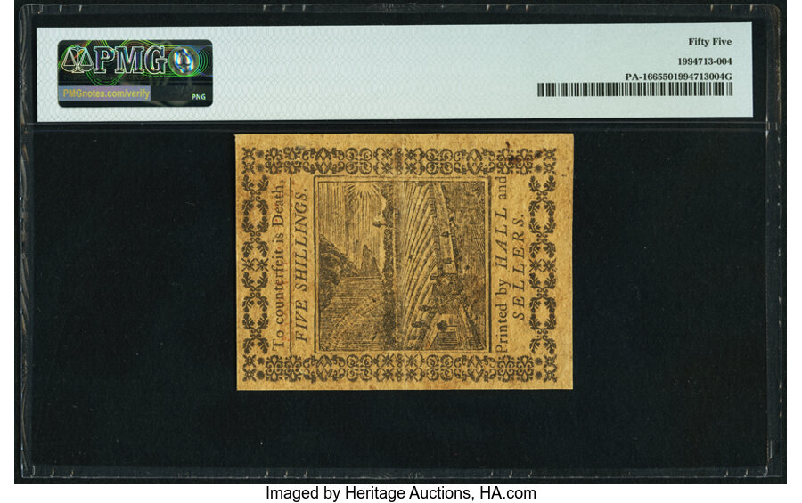 image for: Pennsylvania October 1, 1773 5s PMG About Uncirculated 55....
