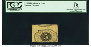 image for: Misaligned Back Printing Error Fr. 1229 5¢ First Issue PCGS Apparent Fine 15....