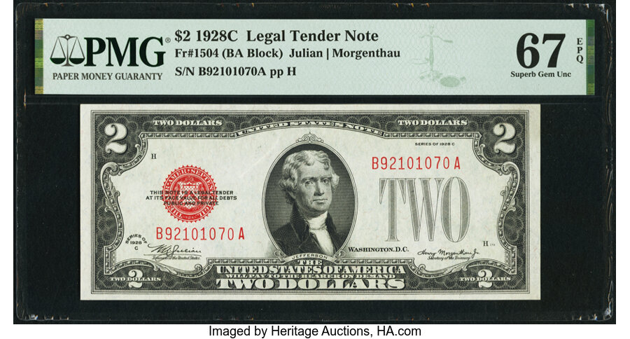 image for: Fr. 1504 $2 1928C Legal Tender Note. PMG Superb Gem Unc 67 EPQ....
