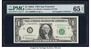 image for: Low Binary Serial Number L00000011A Fr. 1901-L $1 1963A Federal Reserve Note. PMG Gem Uncirculated 65 EPQ....